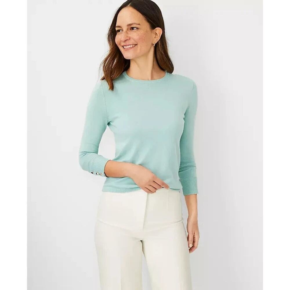 Ann Taylor Seasonless Button Cuff Sweater, Medium, Light Blue, Office, Classic - Picture 1 of 10